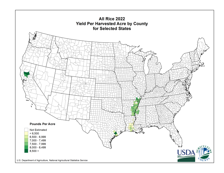 Rice: Yield per Harvested Acre by County