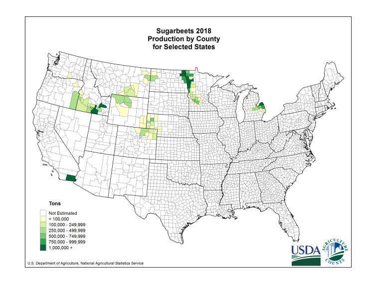 Sugarbeets: Production per Harvested Acre by County