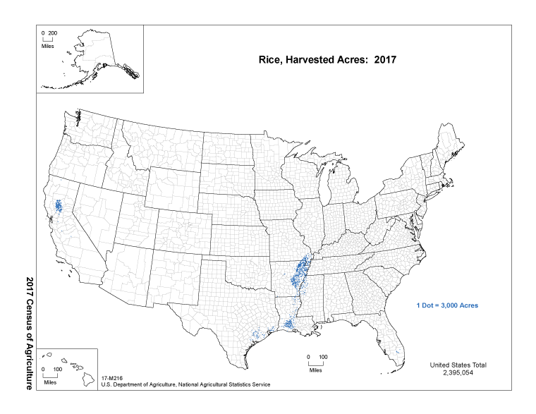 Map of Rice, Harvested Acres: 2017