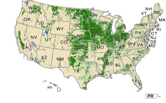 Image map showing the entire United States.  Each state links to its most recent land use strata map