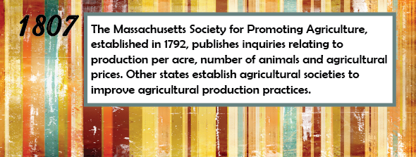 1807 - The Massachusetts Society for Promoting Agriculture, established in 1792, publishes inquiries relating to production per acre, number of animals, and agricultural prices. Other states establish agricultural societies to improve agricultural production practices.