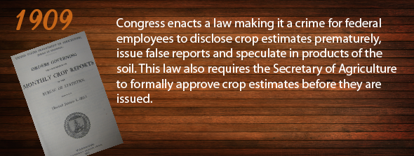 1909 - Congress enacts a law making it a crime for federal employees to disclose crop estimates prematurely, issue false reports, and speculate in products of the soil. The law also requires the Secretary of Agriculture to formally approve crop estimates before they can be issued.
