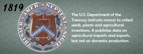 1819 - The U.S. Department of the Treasury instructs consuls to collect seeds, plants and agricultural inventions. It publishes data on agricultural imports and exports, but not on domestic production. 