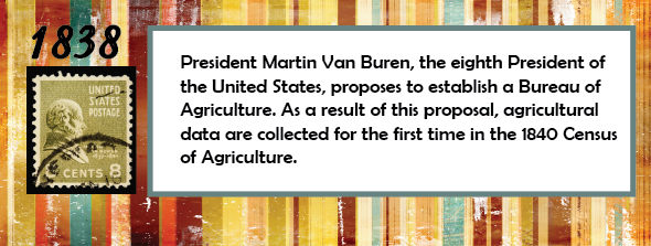 1838 - President Martin Van Buren, the eighth President of the United States, proposes to establish a Bureau of Agriculture. As a result of this proposal, agricultural data are collected for the first time in the 1840 Census of Agriculture.