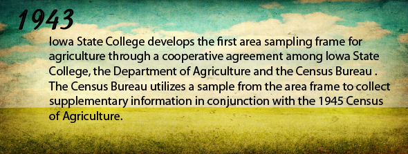 1943 - Iowa State College develops the first area sampling frame for agriculture through a cooperative agreement among Iowa State College, the Department of Agriculture and the Census Bureau. The Census Bureau utilizes a sample from the area frame to collect supplementary information in conjunction with the 1945 Census of Agriculture.