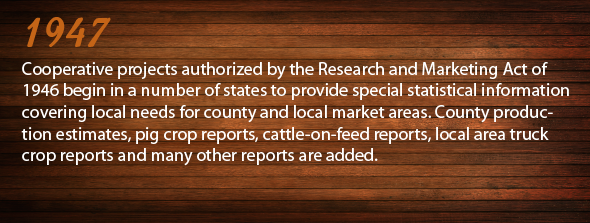 1947 - Cooperative projects authorized by the Research and Marketing Act of 1946 begin in a number of states to provide special statistical information covering local needs for county and local market areas. County production estimates, pig crop reports, cattle-on-feed reports, local area truck crop reports, and many other reports are added.
