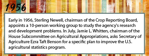 1956 - Early in 1956, Sterling Newell, Chairman of the Crop Reporting Board, appoints a 10-person working group to study the agency's research and development problems. In July, Jamie L. Whitten, Chairman of the House Subcommittee on Agricultural Appropriations, asks Secretary of Agriculture Ezra Taft Benson for a specific plan to improve the U.S. agricultural statistics program.