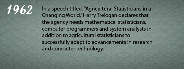 1962 - In a speech titled, “Agricultural Statisticians in a Changing World,” Harry Trelogan declares that the agency needs mathematical statisticians, computer programmers and system analysts in addition to agricultural statisticians to successfully adapt to advancements in research and computer technology.