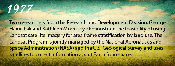 1977 - Two researchers from the Research and Development Division, George Hanushak and Katheleen Morrissey, demonstrate the feasibility of using Landsat satellite imagery for area frame stratification by land use. The Landsat Program is jointly managed by the National Aeornautics and Space Administration (NASA) and the U.S. Geological Survey and uses satellites to collect information about Earth from space.