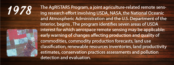 1978 - The AgRISTARS Program, a joint agriculture-related remote sensing research effort involving USDA, NASA, the National Oceanic and Atmospheric Administration, and the U.S. Department of the Interior, begins. The program identifies seven areas of USDA interest for which aerospace remote sensing may be applicable: early warning of changes affecting production and quality of commodities, commodity production forecasts, land use classification, renewable resources inventories, land productivity estimates, conservation practices assessments, and pollution detection and evaluation.