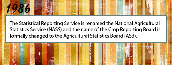 1986 - The Statistical Reporting Service is renamed the National Agricultural Statistics Service and the name of the Crop Reporting Board is formally changed to the Agricultural Statistics Board (ASB).