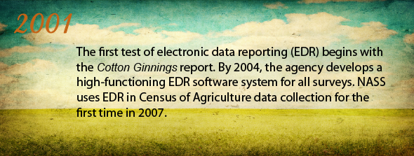 2001 - The first test of electronic data reporting (EDR) begins with the Cotton Ginnings report. By 2004, the agency develops a high-functioning EDR software system for all surveys. NASS uses EDR in Census of Agriculture data collection for the first time in 2007.