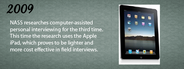 2009 - NASS researches computer-assisted personal interviewing for the third time. This time the research uses the Apple iPad, which proves to be lighter and more cost-effective in field interviews.