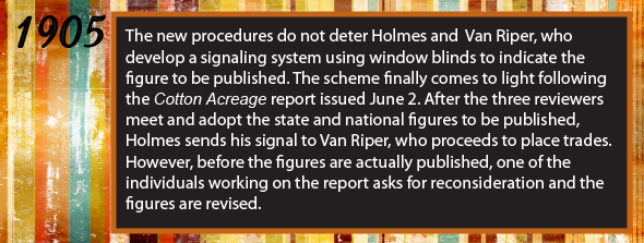 1905 - The new procedures do not deter Holmes and Van Riper, who develop a signaling system using window blinds to indicate the figure to be published. The scheme finally comes to light following the Cotton Acreage report issued June 2. After the three reviewers meet and adopt the state and national figures to be published, Holmes sends his signal to Van Riper, who proceeds to place trades. However, before the figures are actually published, one of the individuals working on the report asks for reconsideration and the figures are revised.