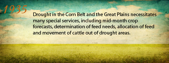 1935 - Drought in the Corn Belt and Great Plains necessitates many special services, including mid-month crop forecasts, determination of feed needs, allocation of feed, and movement of cattle out of drought areas.