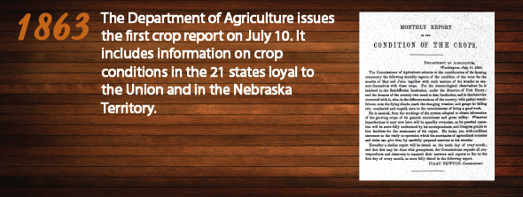 1863 - The Department of Agriculture issues the first crop report on July 10. It includes information on crop conditions in the 21 states loyal to the Union and in the Nebraska Territory.