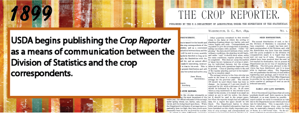 1899 - USDA begins publishing the Crop Reporter as a means of communication between the Division of Statistics and the crop correspondents.