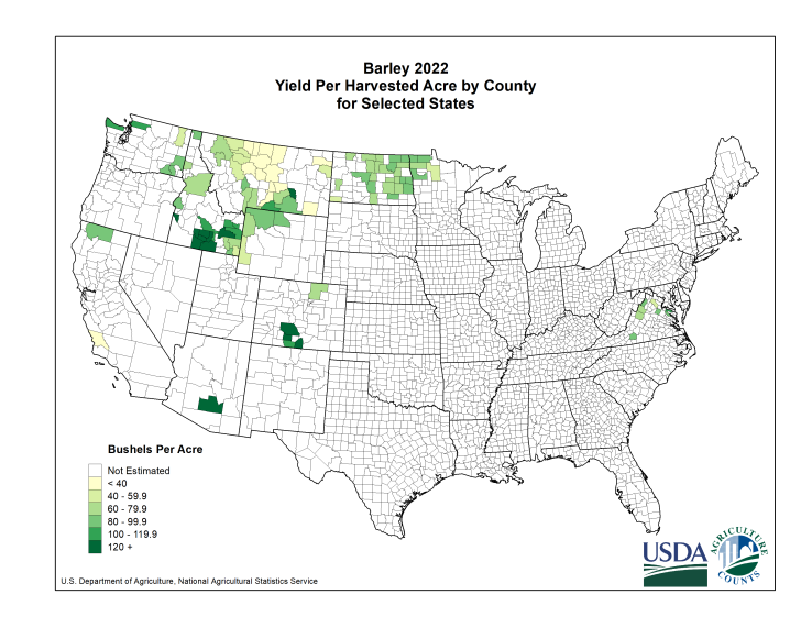 Barley: Yield per Harvested Acre by County