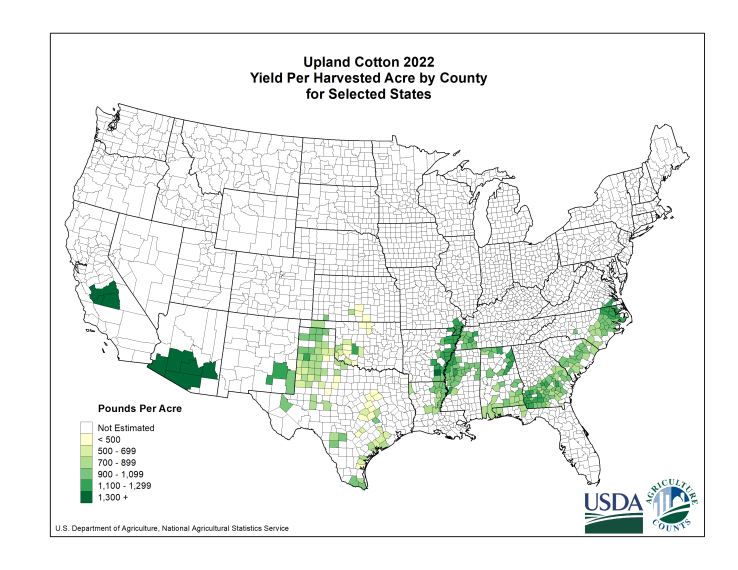 Upland Cotton: Yield per Harvested Acre by County