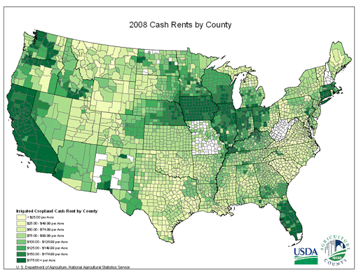 Irrigated Cropland Cash Rent by County