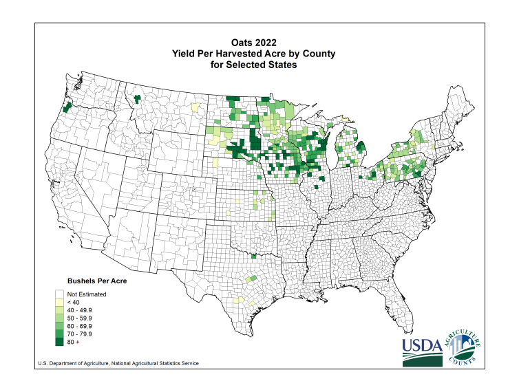 Oats: Yield per Harvested Acre by County