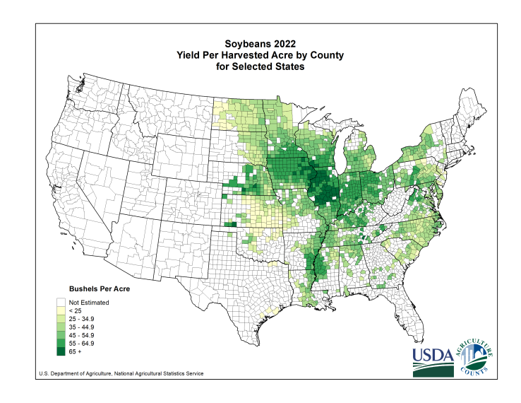 Soybeans: Yield per Harvested Acre by County