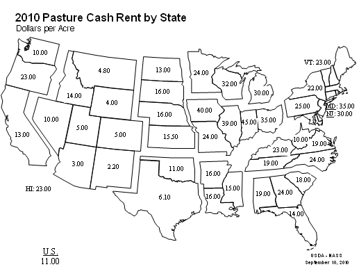 Cash Rent: Pasture Rent by State, US