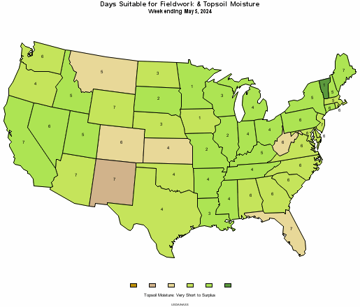 U.S. Map showing Days suitable for fieldwork
