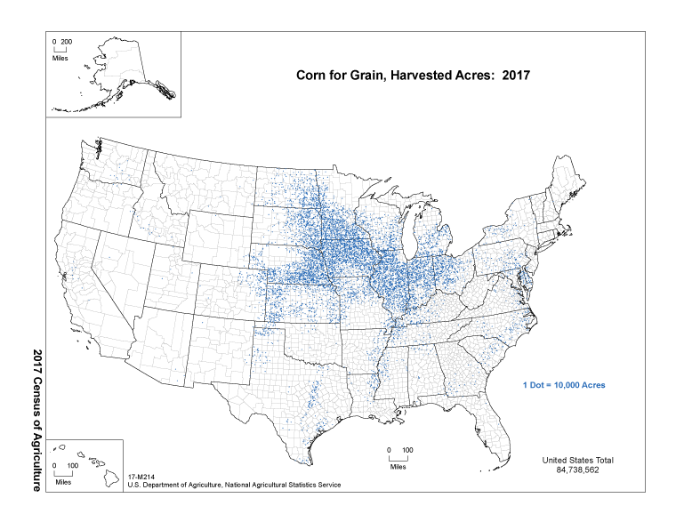Map of Corn for Grain, Harvested Acres: 2017