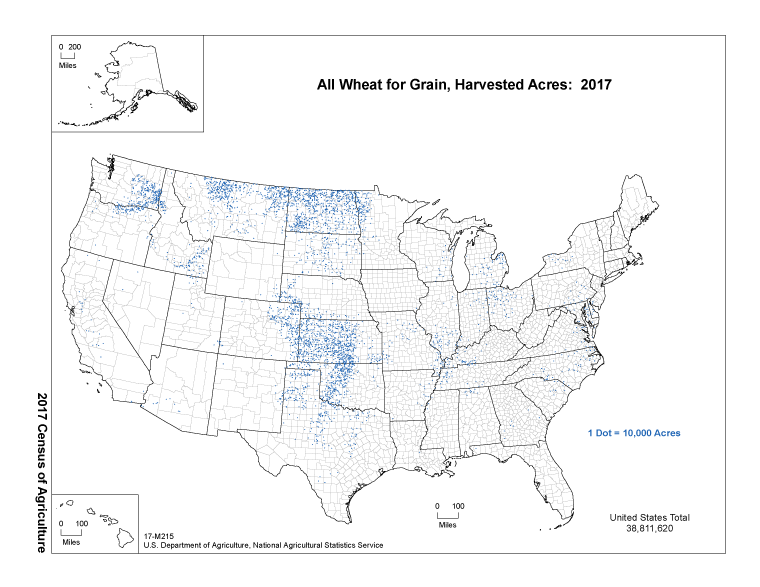 Map of All Wheat for Grain, Harvested Acres: 2017
