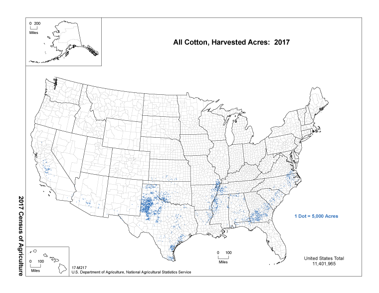 Map of All Cotton, Harvested Acres: 2017