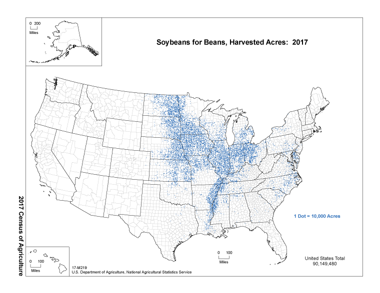 Map of Soybeans for Beans, Harvested Acres: 2017