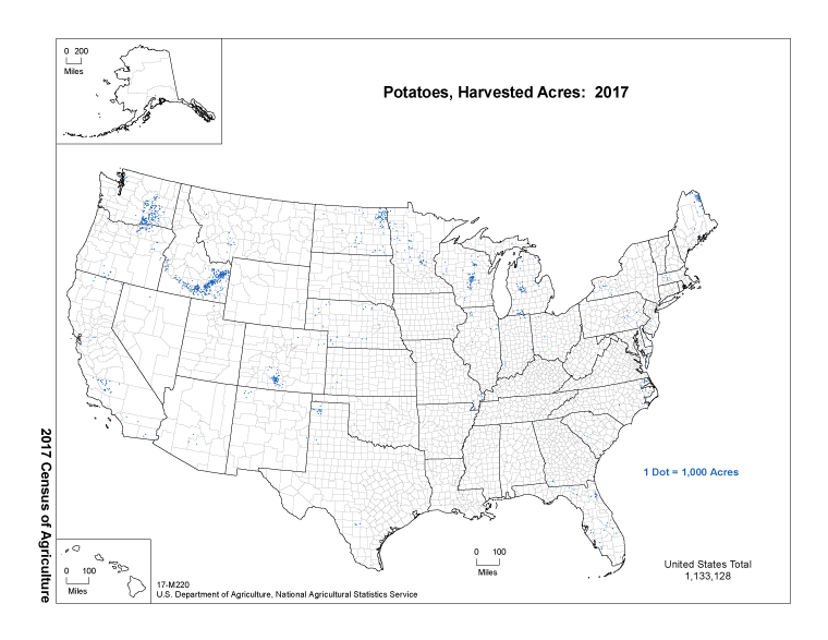 Map of Potatoes, Excluding Sweet Potatoes, Harvested Acres: 2017