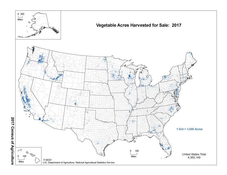 Map of Vegetables, Acres Harvested for Sale: 2017