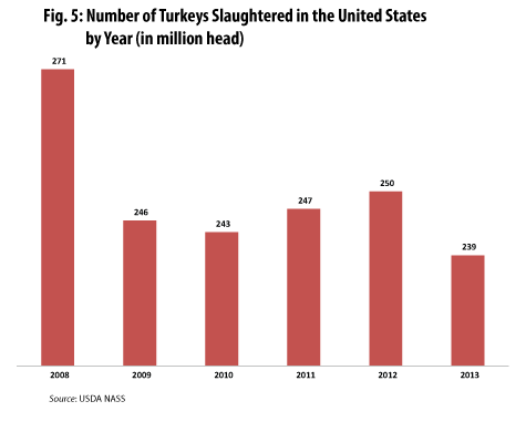 Number of Turkeys Slaughtered in the United States by Year (in million head