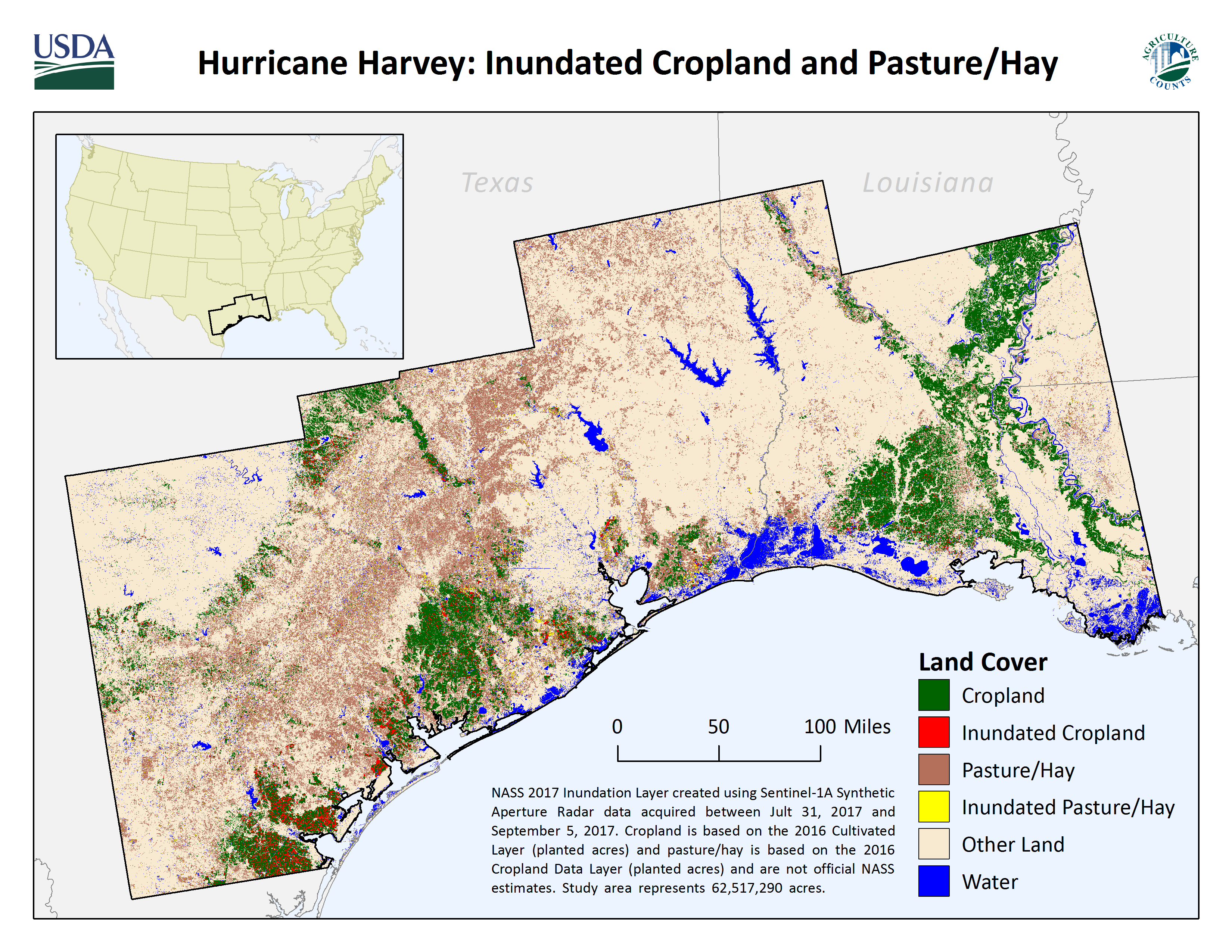 Map of Inundated Cropland and Pasture/Hay from Hurrican Harvey