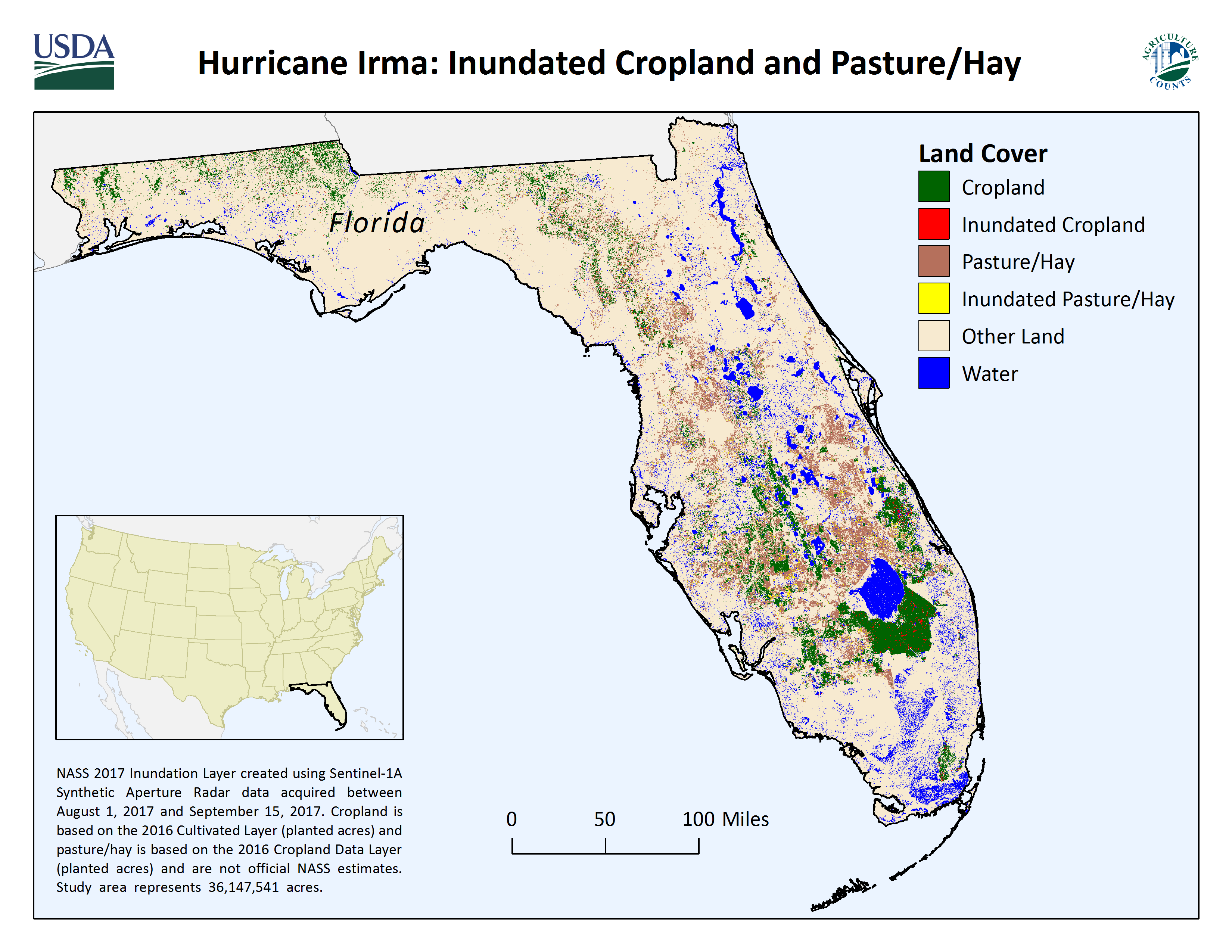 Map of Inundated Cropland and Pasture/Hay from Hurricane Irma