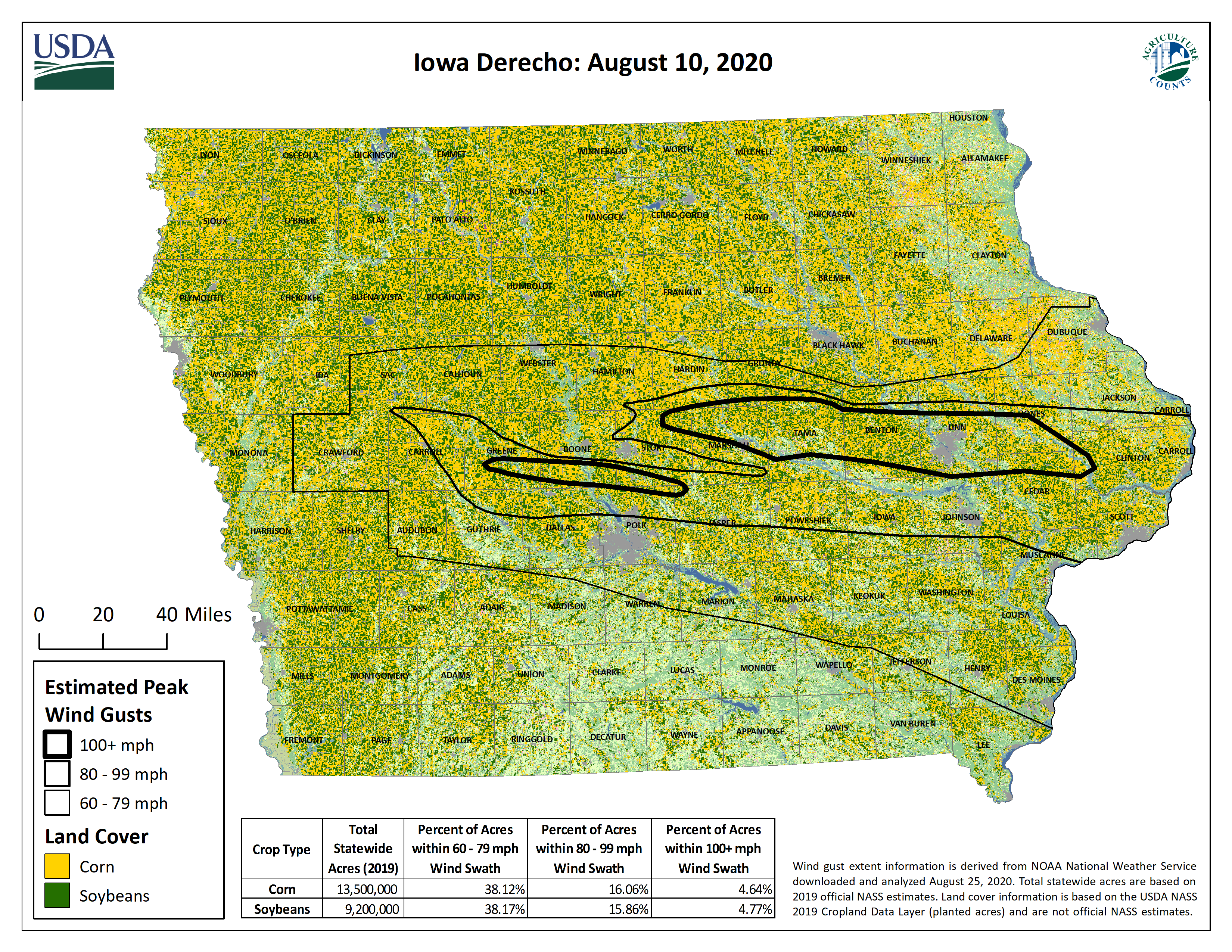 Map of Agriculture affected by Iowa Derecho (August 2020)