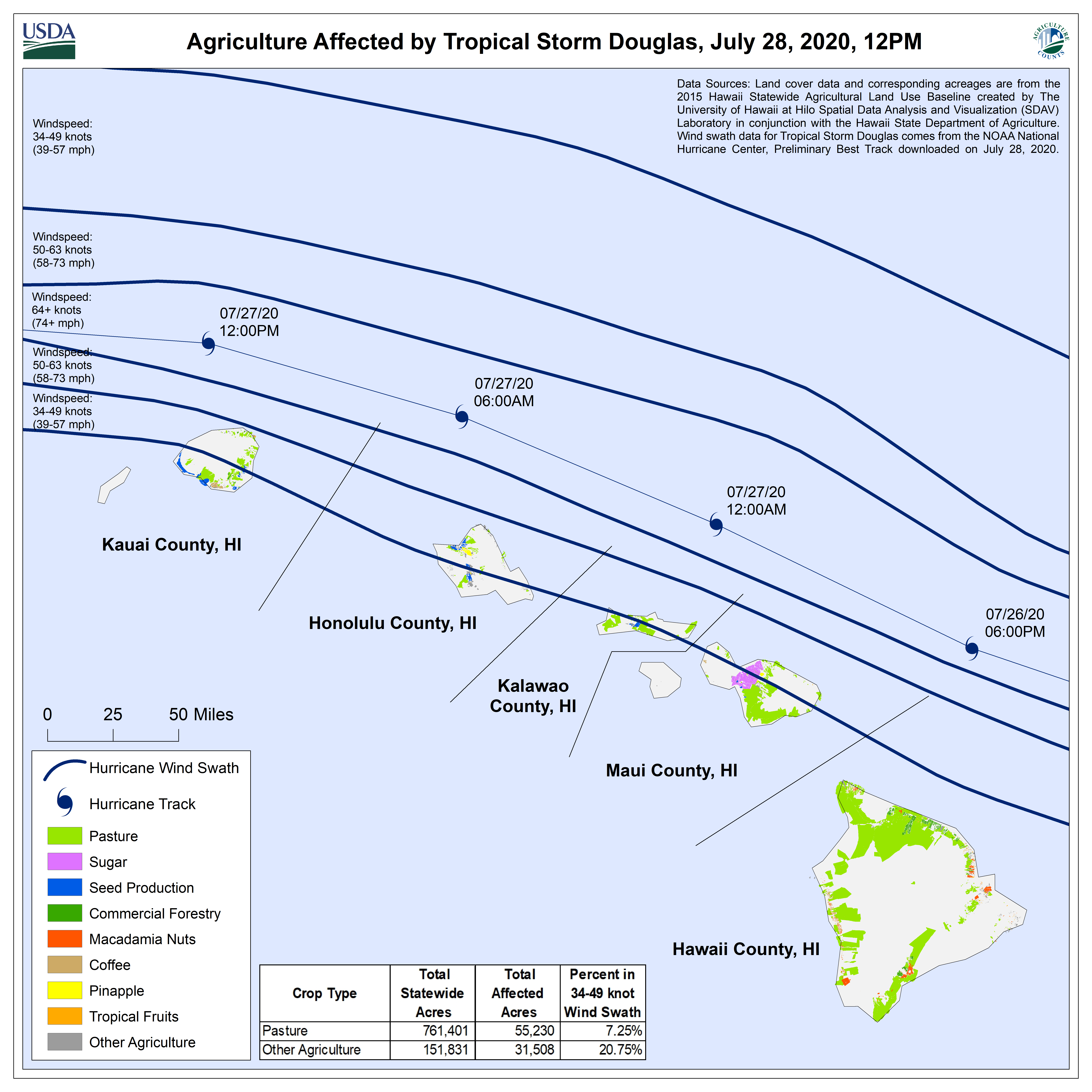Map of agriculture affected by Tropical Storm Douglas (July 28, 2020)