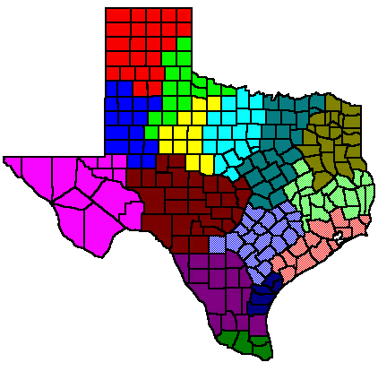 Texas is divided into 15 districts. The legend table to this map is located on the right.