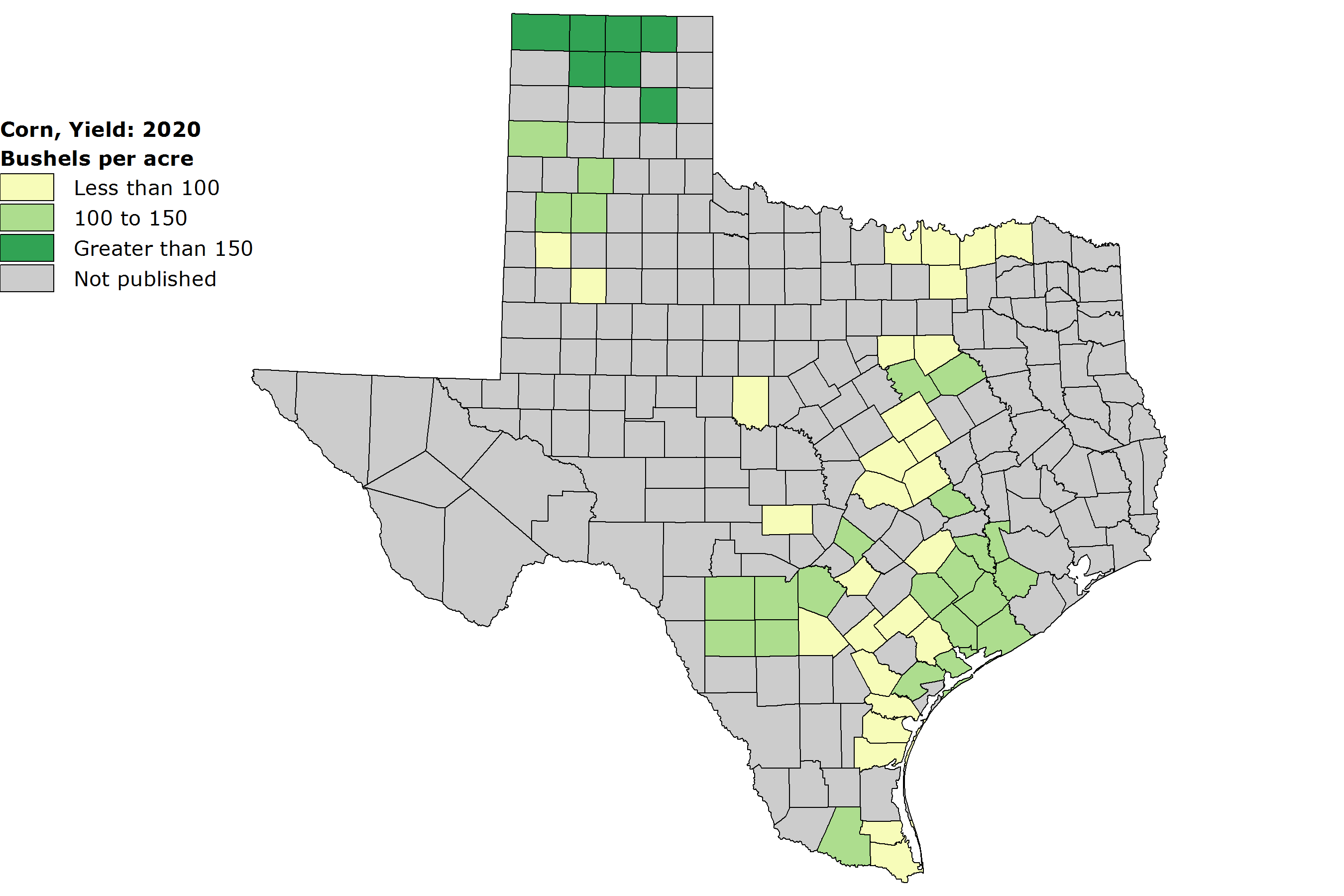 A shaded map of Texas showing the average yield of corn bushels per acre by county.