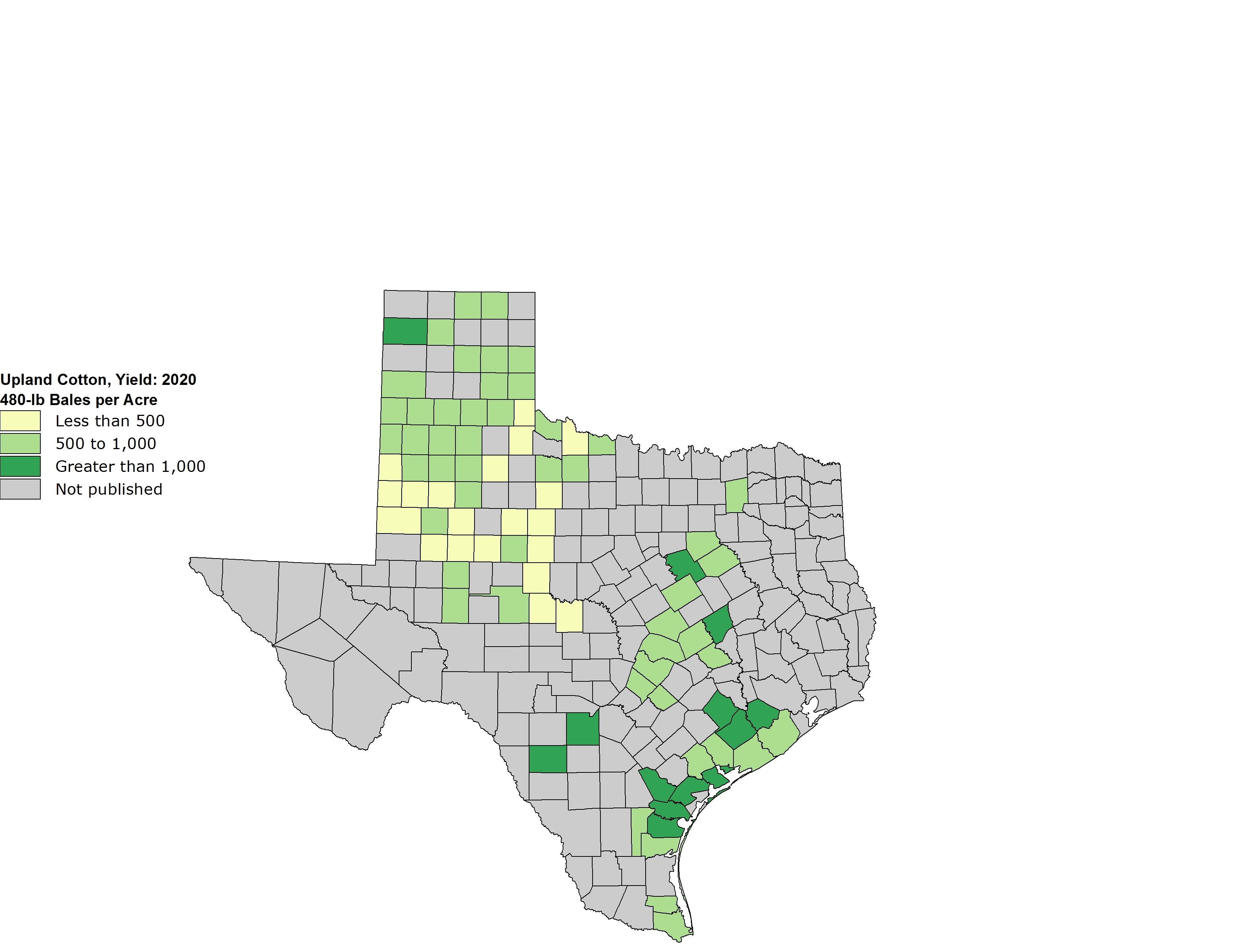 A shaded map of Texas showing the average yield of Upland cotton bales per acre.