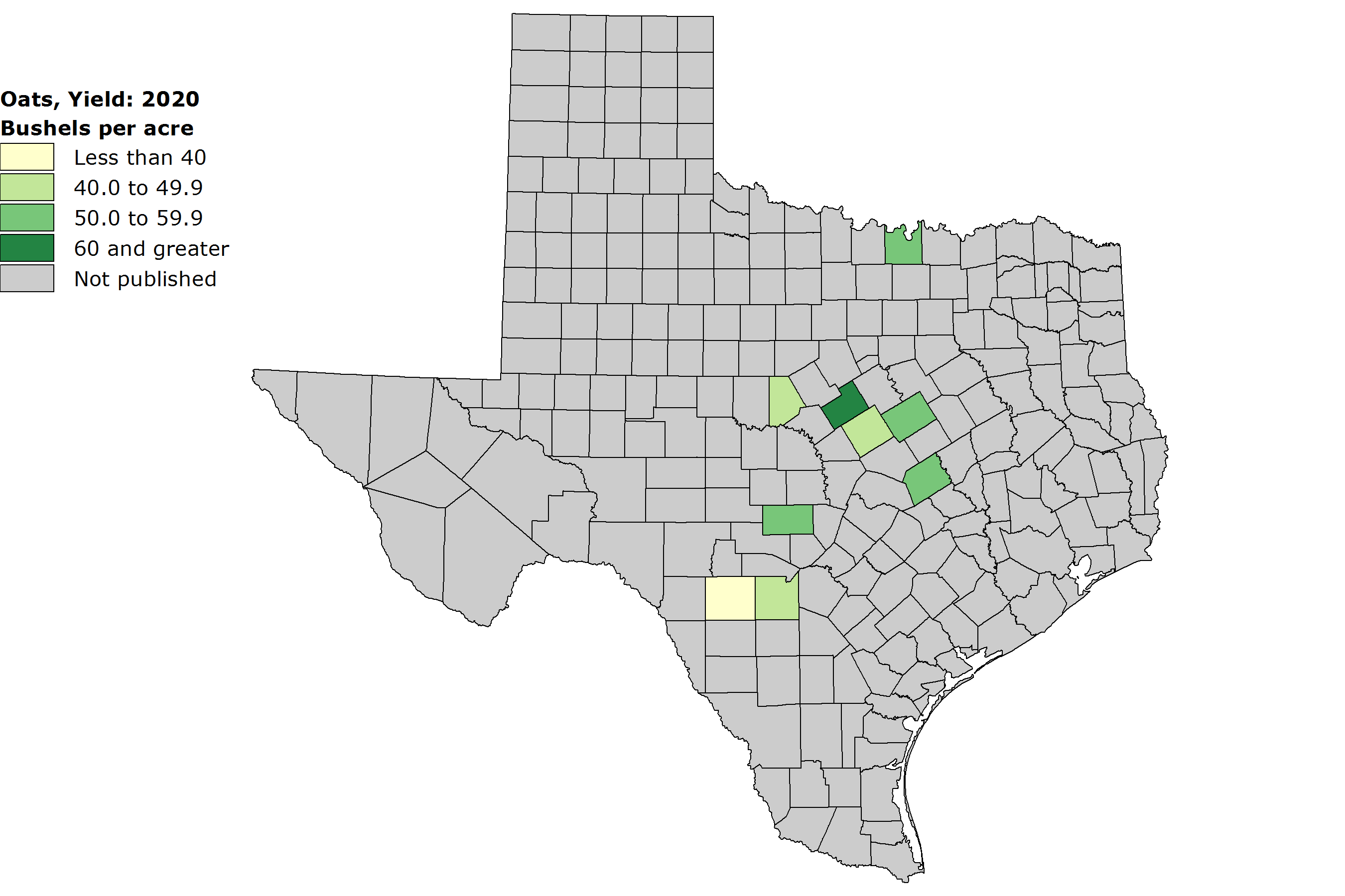 A shaded map of Texas showing the average yield of oat bushels per acre.