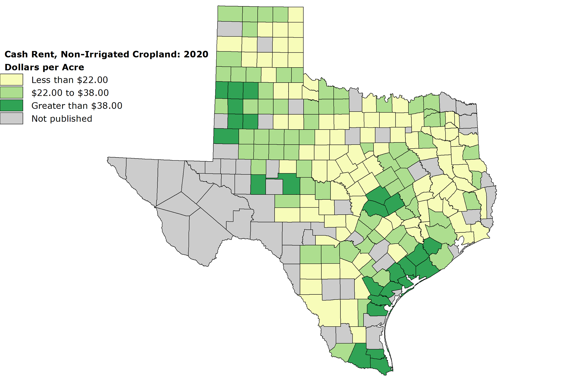 A shaded map of Texas showing dollars per acres of rented non-irrigated cropland.