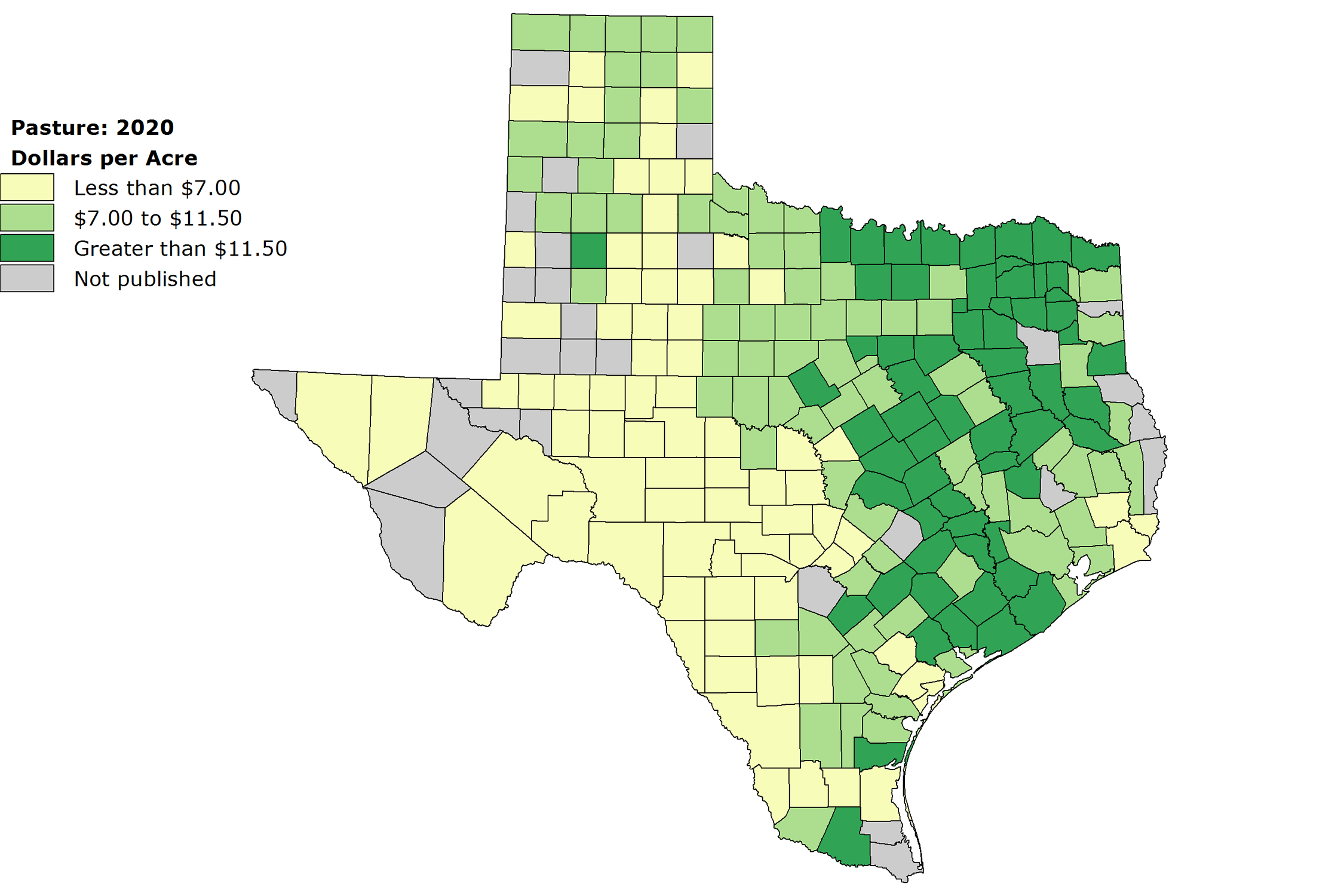 A shaded map of Texas showing dollars per acres of rented pastureland.