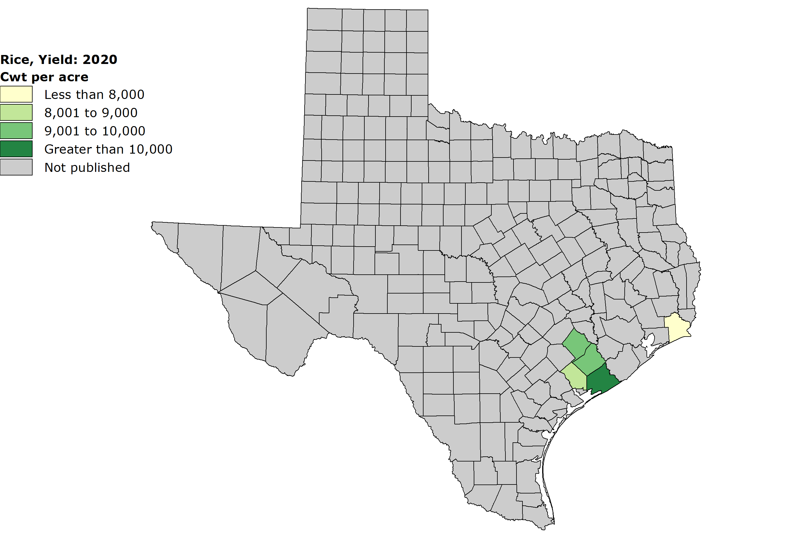 A shaded map of Texas showing the average yield of rice, hundreadweight per acre by county.