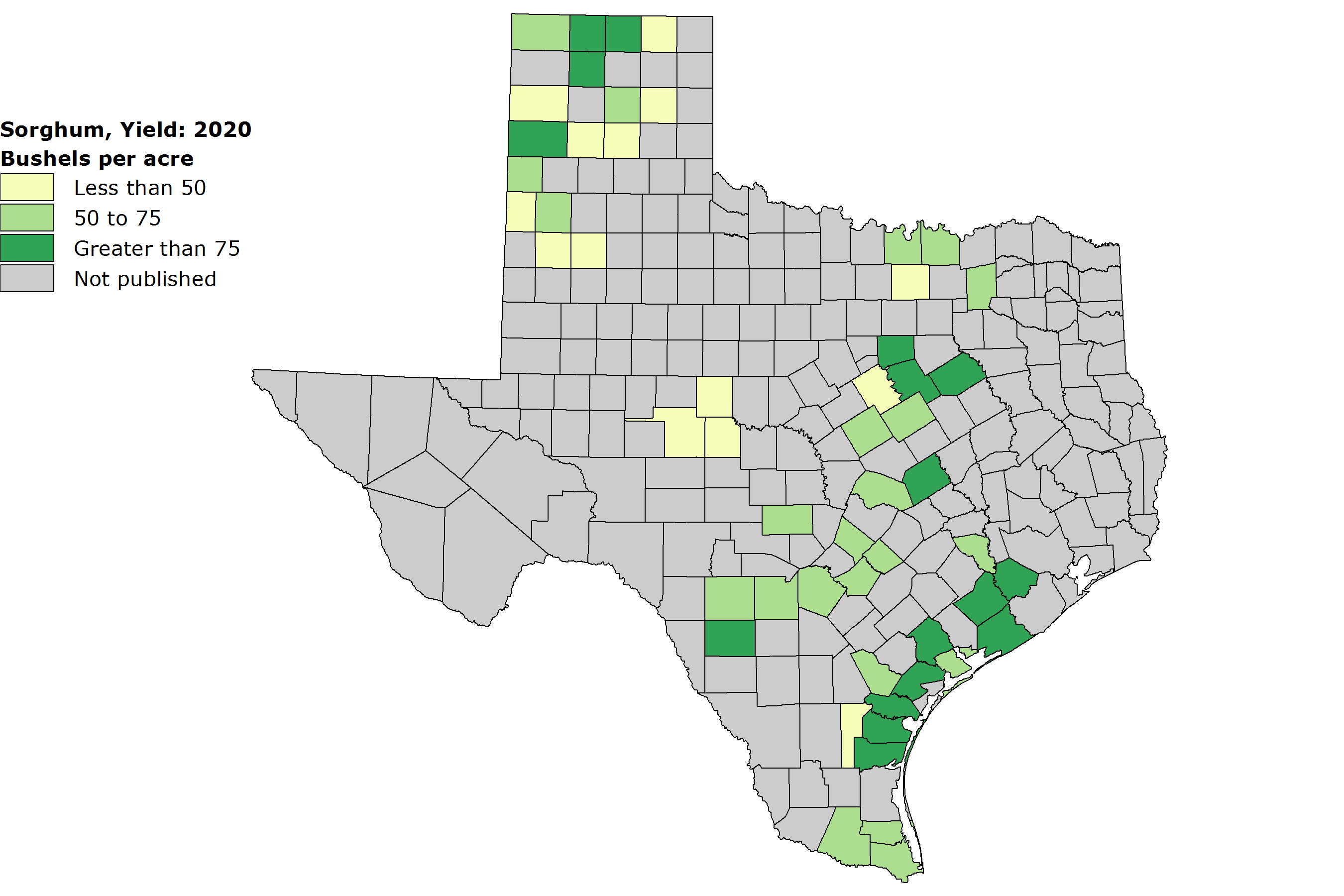 A shaded map of Texas showing the average yield of sorghum bushels per acre by county.
