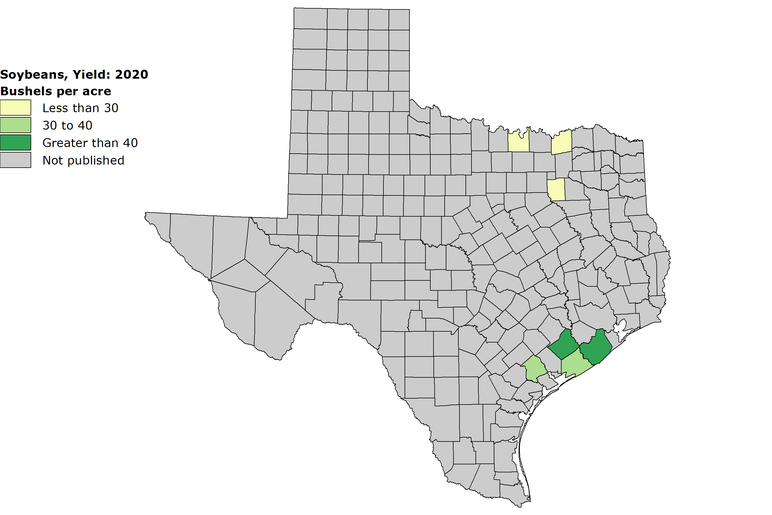 A shaded map of Texas showing the average yield of soybean bushels per acre by county.