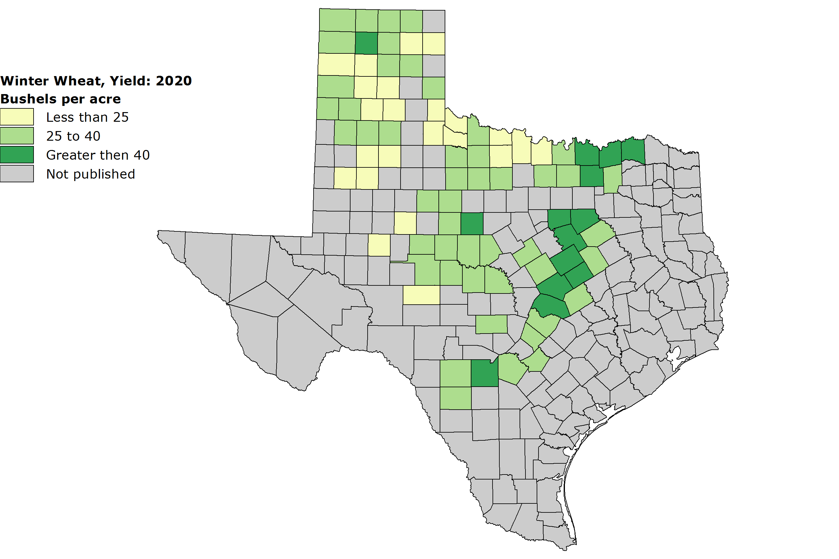 A shaded map of Texas showing the average yield of winter wheat bushels per acre.